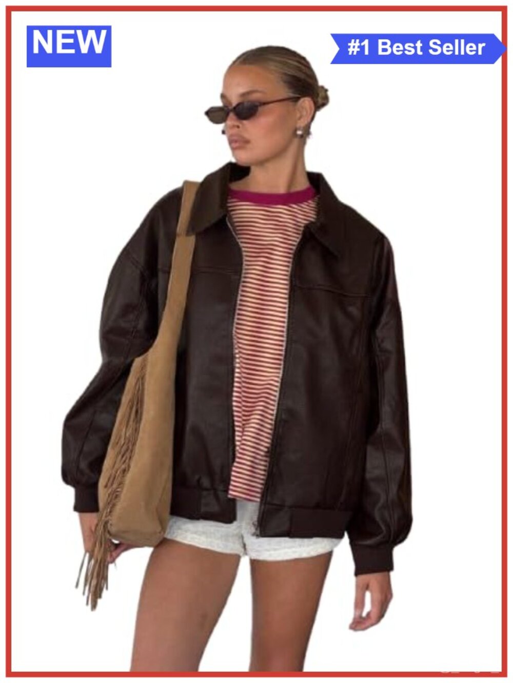 Faux Leather Bomber Jacket Zip Closure Slit Pockets Spring Summer